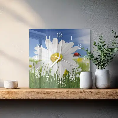 Vierkante glazen klok De bloem en het lieveheersbeestje
