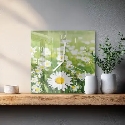 Vierkante glazen wandklok Madeliefjes