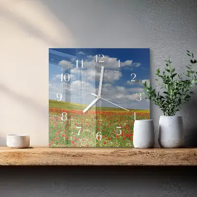 Vierkante glazen wandklok Klaprozenveld