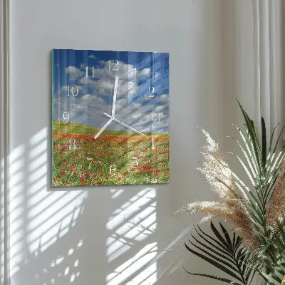 Vierkante glazen wandklok Klaprozenveld