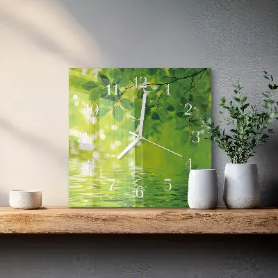 Vierkante glazen wandklok Bladeren