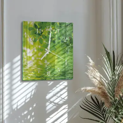 Vierkante glazen wandklok Bladeren