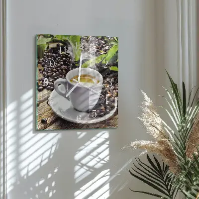 Vierkante glazen wandklok Een kopje koffie