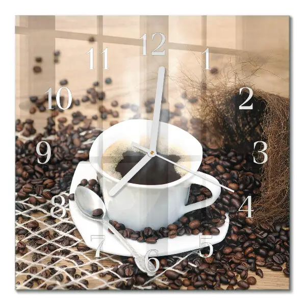 Vierkante glazen wandklok Een kopje koffie
