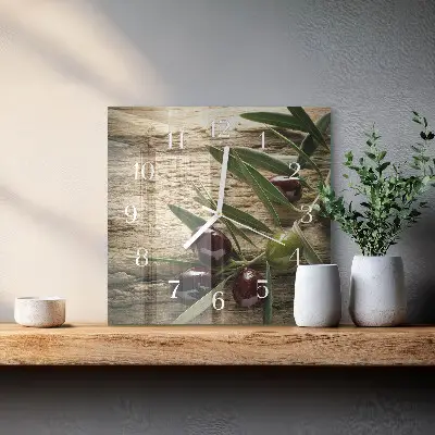 Vierkante glazen wandklok Olijven
