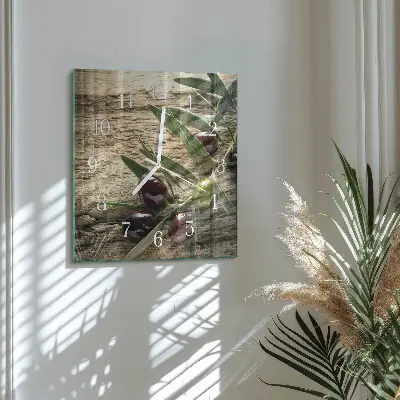 Vierkante glazen wandklok Olijven