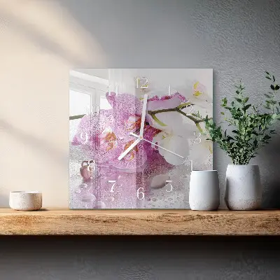Moderne wandklok glas vierkant Orchidee