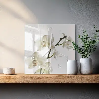 Vierkante glazen wandklok Orchidee