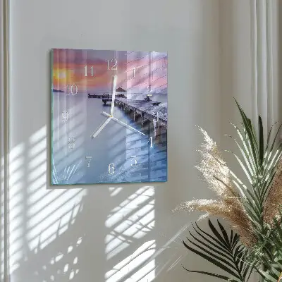 Vierkante glazen wandklok Houten brug