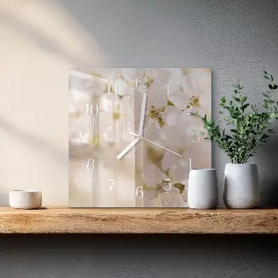 Vierkante glazen wandklok Bloemen