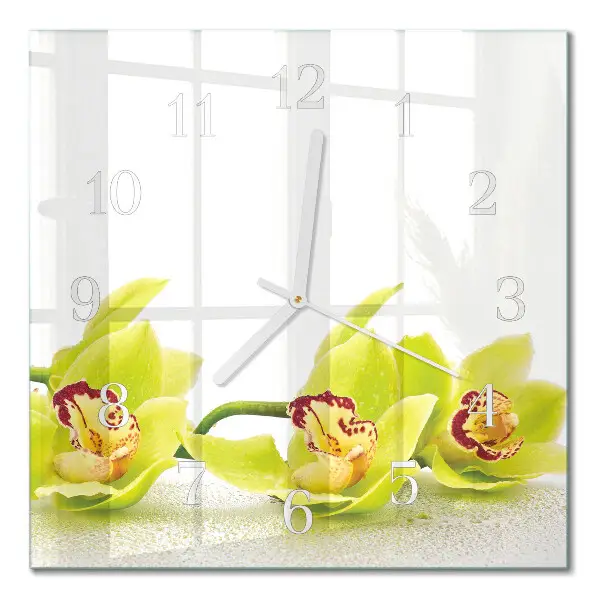 Vierkante glazen wandklok Orchidee