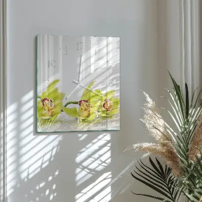Vierkante glazen wandklok Orchidee