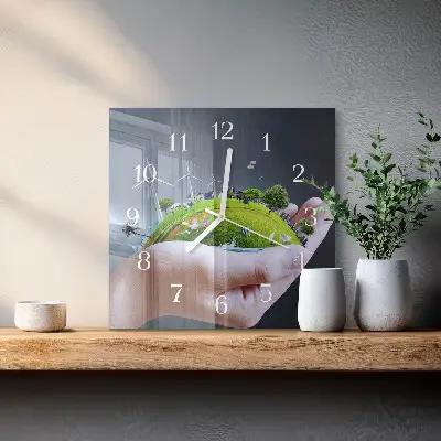 Moderne wandklok glas vierkant Aarde in de hand