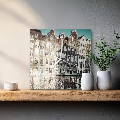 Vierkante glazen wandklok Huizen