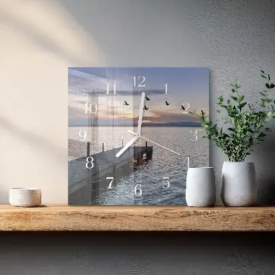 Vierkante glazen wandklok Vogels bij het meer