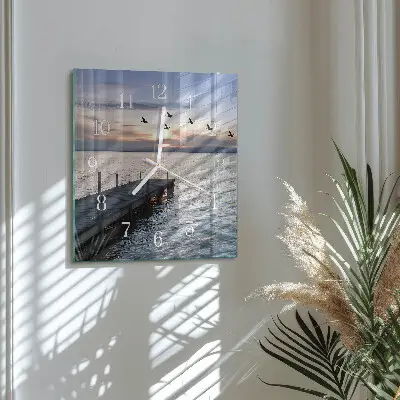 Vierkante glazen wandklok Vogels bij het meer