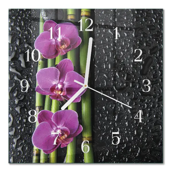 Vierkante glazen wandklok Orchidee