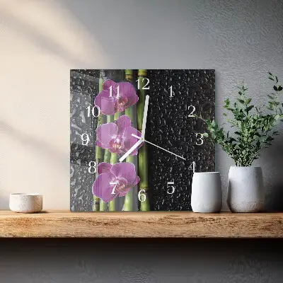 Vierkante glazen wandklok Orchidee