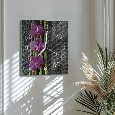 Vierkante glazen wandklok Orchidee
