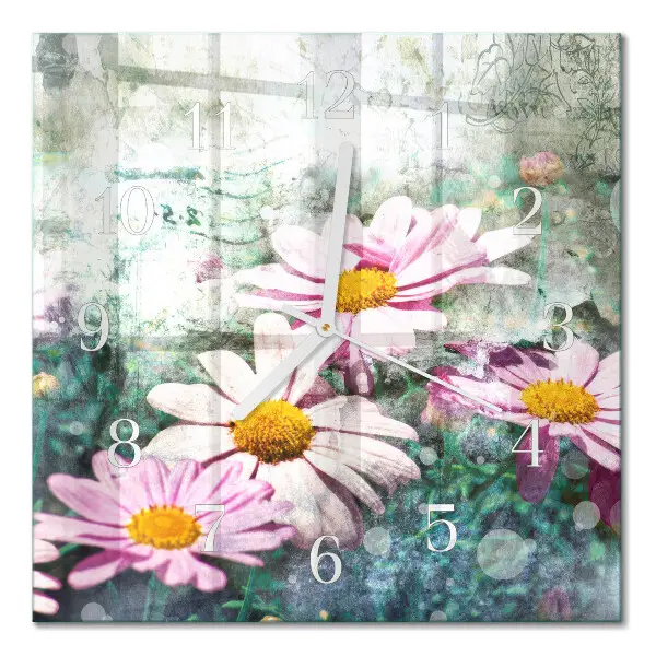 Vierkante glazen wandklok Bloemen