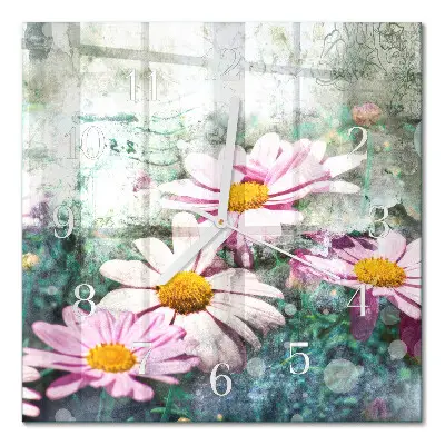 Vierkante glazen wandklok Bloemen