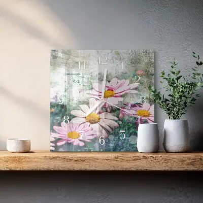 Vierkante glazen wandklok Bloemen