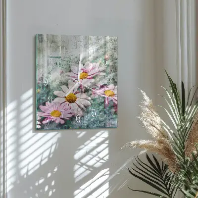 Vierkante glazen wandklok Bloemen