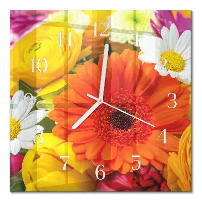 Vierkante glazen wandklok Bloemen