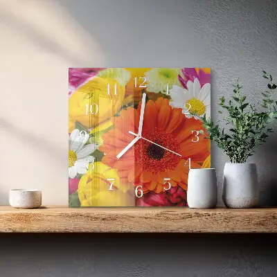 Vierkante glazen wandklok Bloemen