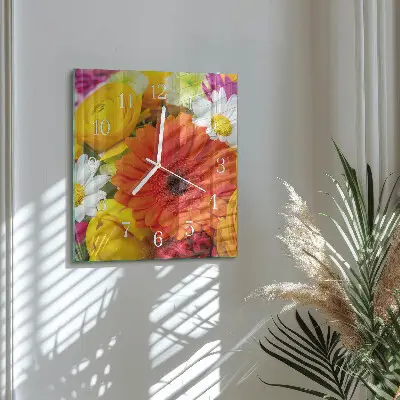 Vierkante glazen wandklok Bloemen