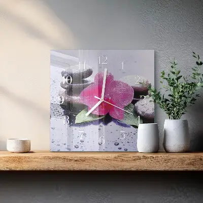 Vierkante glazen wandklok Orchidee