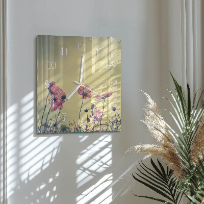 Vierkante glazen wandklok Bloemen
