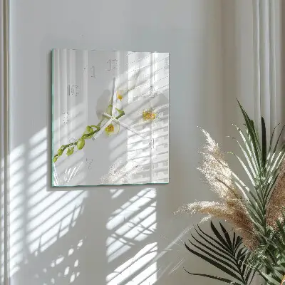 Vierkante glazen wandklok Orchidee