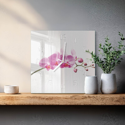 Vierkante glazen wandklok Orchidee