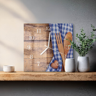 Vierkante glazen wandklok Hout en bestek