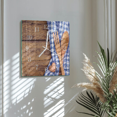 Vierkante glazen wandklok Hout en bestek