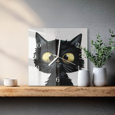 Moderne wandklok glas vierkant Zwarte kat