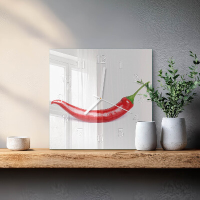 Vierkante glazen wandklok Chilipeper