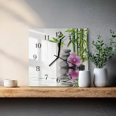 Vierkante glazen klok Stenen en orchidee