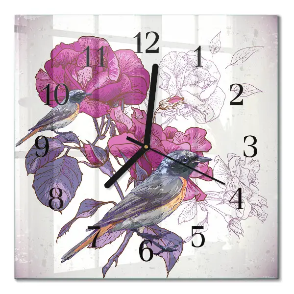 Vierkante glazen wandklok Vogels en bloemen