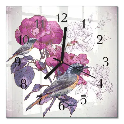 Vierkante glazen wandklok Vogels en bloemen