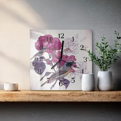 Vierkante glazen wandklok Vogels en bloemen