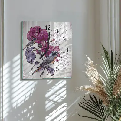 Vierkante glazen wandklok Vogels en bloemen
