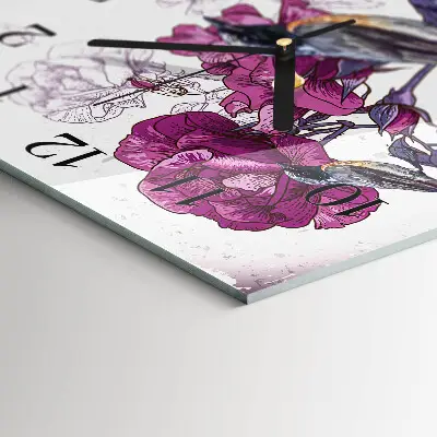 Vierkante glazen wandklok Vogels en bloemen