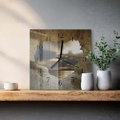 Vierkante glazen wandklok Hart in de rots