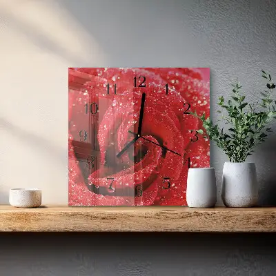 Vierkante glazen wandklok Roos