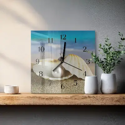 Moderne wandklok glas vierkant Parel in een schelp