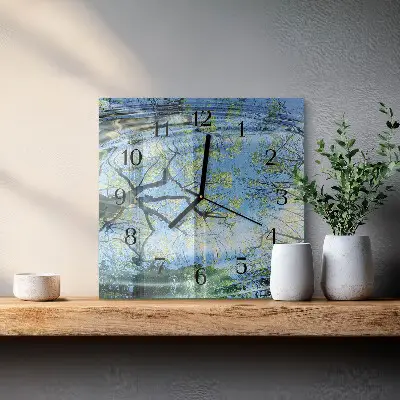 Vierkante glazen wandklok Bomen, water