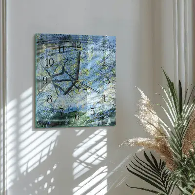 Vierkante glazen wandklok Bomen, water