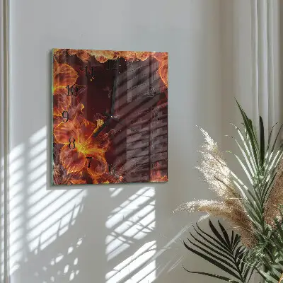 Vierkante glazen wandklok Bloemen van vuur
